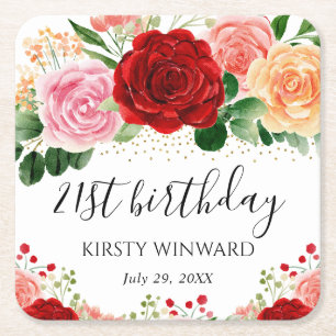 Dessous-de-verre Carré En Papier Fleurs d'anniversaire Roses Rouges et Jaunes Aquar