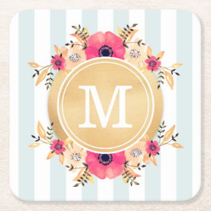 Dessous-de-verre Carré En Papier Fleurs d'aquarelle à la menthe Faux or Monogramme