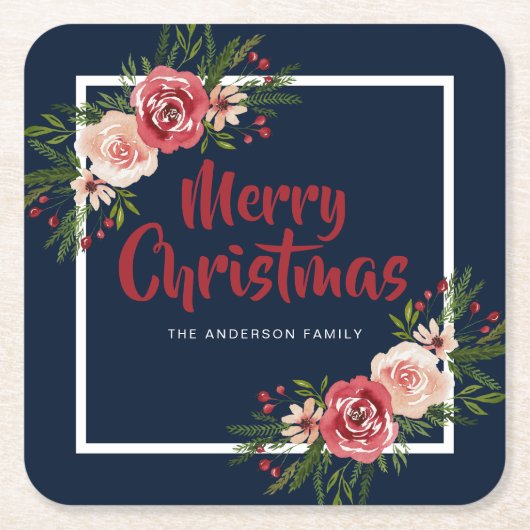 Dessous-de-verre Carré En Papier Fleurs d'aquarelle bleu marine Noël (Devant)