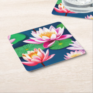 Dessous-de-verre Carré En Papier Fleurs de lotus blanc rose et feuilles vertes de n