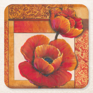 Dessous-de-verre Carré En Papier Fleurs de pavot sur Tan et Arrière - plan orange