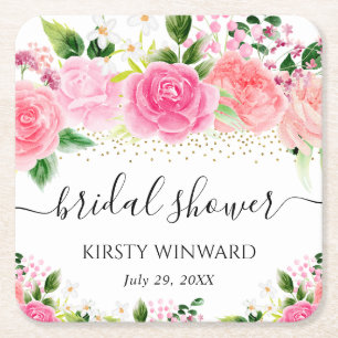 Dessous-de-verre Carré En Papier Fleurs de roses roses à l'aquarelle Shower de mari