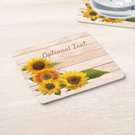 Dessous-de-verre Carré En Papier Fleurs de soleil rustiques sur bois (Incliné)