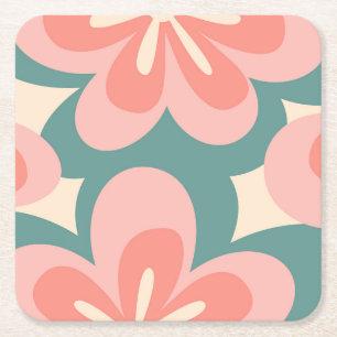 Dessous-de-verre Carré En Papier Fleurs de style rétro rose et turquoise