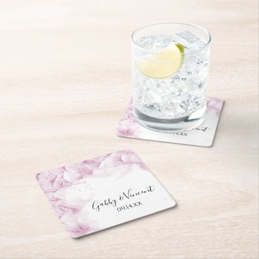 Dessous-de-verre Carré En Papier Fleurs d'Hydrangée rose Mariage d'aquarelle (En situation)