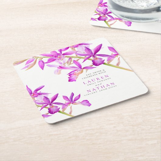 Dessous-de-verre Carré En Papier Fleurs d'orchidées violettes aquarelle mariage bot (Incliné)