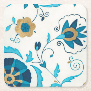 Dessous-de-verre Carré En Papier Fleurs dorées d'indigo avec l'arrière - plan blanc