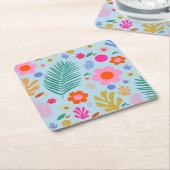 Dessous-de-verre Carré En Papier Fleurs Et Feuilles 03 Bleu Et Rose (Incliné)