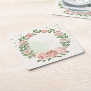 Dessous-de-verre Carré En Papier fleurs et feuilles rose pastel romantiques papier