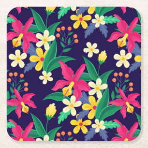 Dessous-de-verre Carré En Papier Fleurs Exotiques Colorées Et Motif Feuille-55667