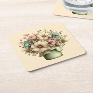 Dessous-de-verre Carré En Papier Fleurs Fantaisistes dans un Pot de Fleurs Mignon