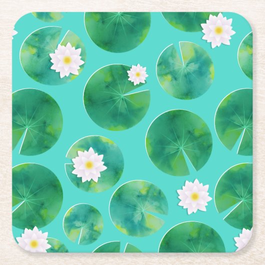 Dessous-de-verre Carré En Papier Fleurs Lys d'Eau Blanche & Motif Lily Pad (Devant)