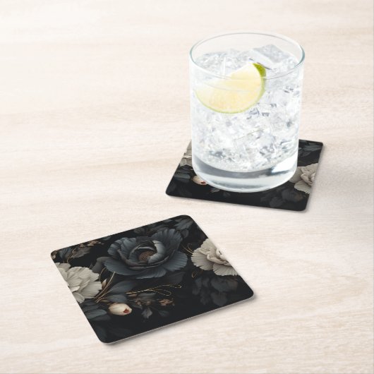 Dessous-de-verre Carré En Papier Fleurs noires et blanches (En situation)