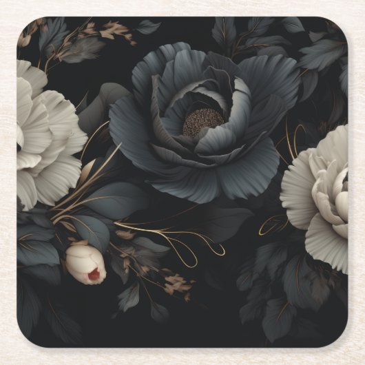 Dessous-de-verre Carré En Papier Fleurs noires et blanches (Devant)