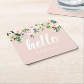 Dessous-de-verre Carré En Papier Fleurs Pastel Rose Moderne Bonjour Et Vous Nom (Incliné)