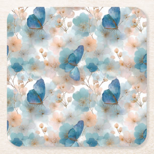 Dessous-de-verre Carré En Papier Fleurs printanières vintage & Papillon bleu