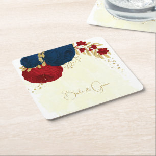 Dessous-de-verre Carré En Papier Fleurs romantiques rouge foncé et bleu marine or m