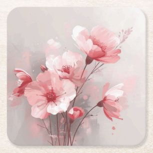 Dessous-de-verre Carré En Papier Fleurs rose, blanc et gris