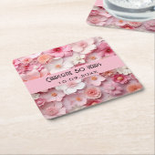 Dessous-de-verre Carré En Papier Fleurs rose blanc nom fête d'anniversaire (Incliné)