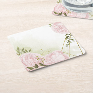 Dessous-de-verre Carré En Papier Fleurs roses boho feuilles vertes botanique