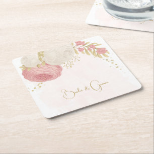 Dessous-de-verre Carré En Papier Fleurs roses et blanches romantiques or