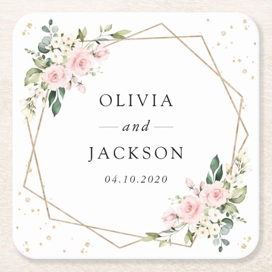 Dessous-de-verre Carré En Papier Fleurs roses, Fleurs blanches, Verdure, Mariage (Devant)