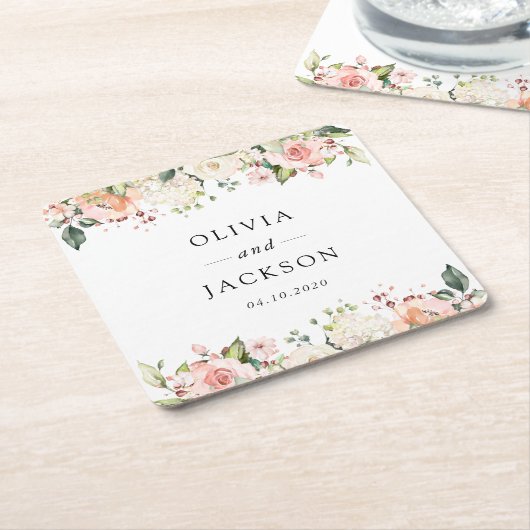 Dessous-de-verre Carré En Papier Fleurs roses, Fleurs blanches, Verdure, Mariage (Incliné)