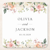 Dessous-de-verre Carré En Papier Fleurs roses, Fleurs blanches, Verdure, Mariage (Devant)