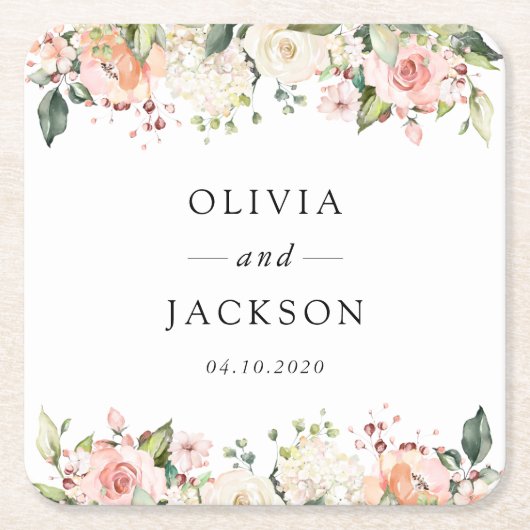 Dessous-de-verre Carré En Papier Fleurs roses, Fleurs blanches, Verdure, Mariage (Devant)