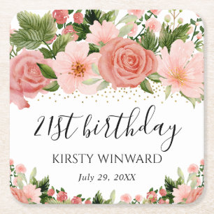Dessous-de-verre Carré En Papier Fleurs Roses Roses aquarelle Anniversaire