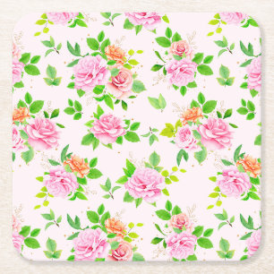 Dessous-de-verre Carré En Papier Fleurs roses Vert Feuille Motif-23656