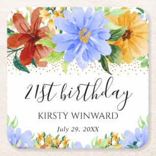 Dessous-de-verre Carré En Papier Fleurs rouges jaunes et bleues Anniversaire