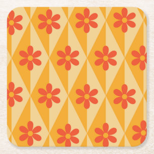 Dessous-de-verre Carré En Papier Fleurs rouges rétro sur diamants orange vintage
