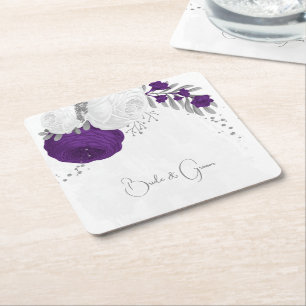 Dessous-de-verre Carré En Papier fleurs royales violettes et blanches argent