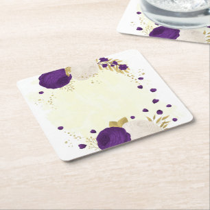 Dessous-de-verre Carré En Papier fleurs royales violettes et blanches or