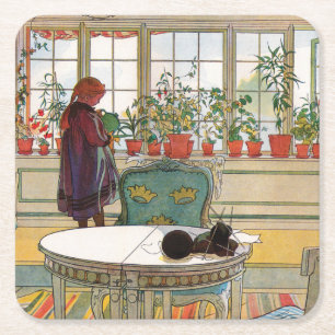 Dessous-de-verre Carré En Papier Fleurs sur le rebord de fenêtre par Carl Larsson