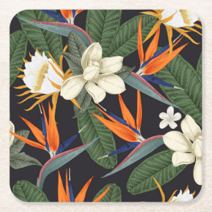 Dessous-de-verre Carré En Papier Fleurs tropicales, arrière - plan foncé, sans cout