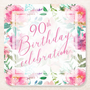 Dessous-de-verre Carré En Papier Fleurs tropicales de couleur rose aquarelle pour a