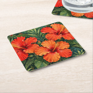 Dessous-de-verre Carré En Papier Fleurs tropicales de jungle d'hibiscus orange luxu