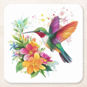 Dessous-de-verre Carré En Papier Fleurs tropicales des colibris