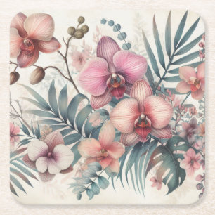 Dessous-de-verre Carré En Papier Fleurs tropicales et aquarelle feuille