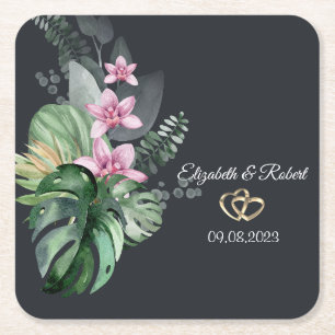Dessous-de-verre Carré En Papier Fleurs tropicales Mariage sombre