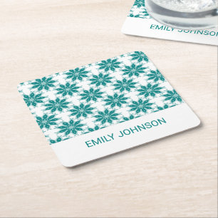 Dessous-de-verre Carré En Papier fleurs turquoises nom personnalisé blanc