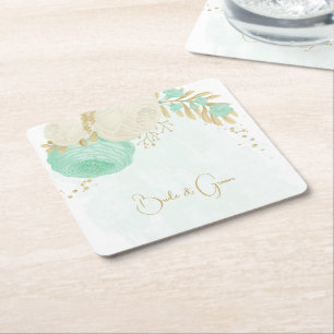 Dessous-de-verre Carré En Papier Fleurs vert menthe romantiques et blanches or