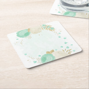 Dessous-de-verre Carré En Papier Fleurs vert menthe romantiques et blanches or