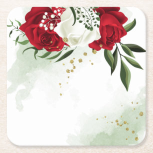 Dessous-de-verre Carré En Papier Fleurs vertes rouges et blanches