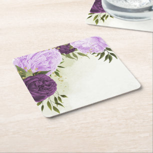 Dessous-de-verre Carré En Papier fleurs violettes feuilles vertes mariage