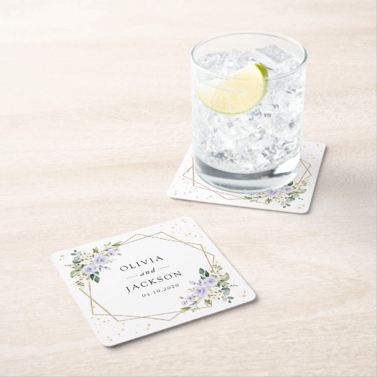 Dessous-de-verre Carré En Papier Fleurs violettes, Fleurs blanches, Verdure, Mariag (En situation)