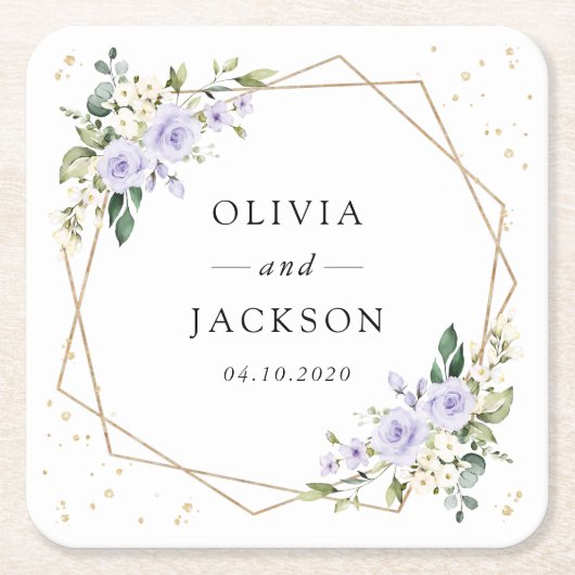 Dessous-de-verre Carré En Papier Fleurs violettes, Fleurs blanches, Verdure, Mariag (Devant)
