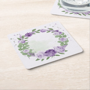 Dessous-de-verre Carré En Papier fleurs violettes romantiques feuilles vertes botan